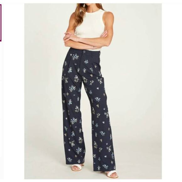 DRIFTWOOD Pants - NWT Driftwood Embroidered Navy Floral Pants NEW pinstripe wide leg trousers XL L